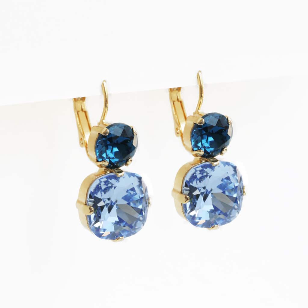 Boucles d'oreilles pendantes en cristal bleu brillant pour femme en plaqué or 18 carats, 3 microns.