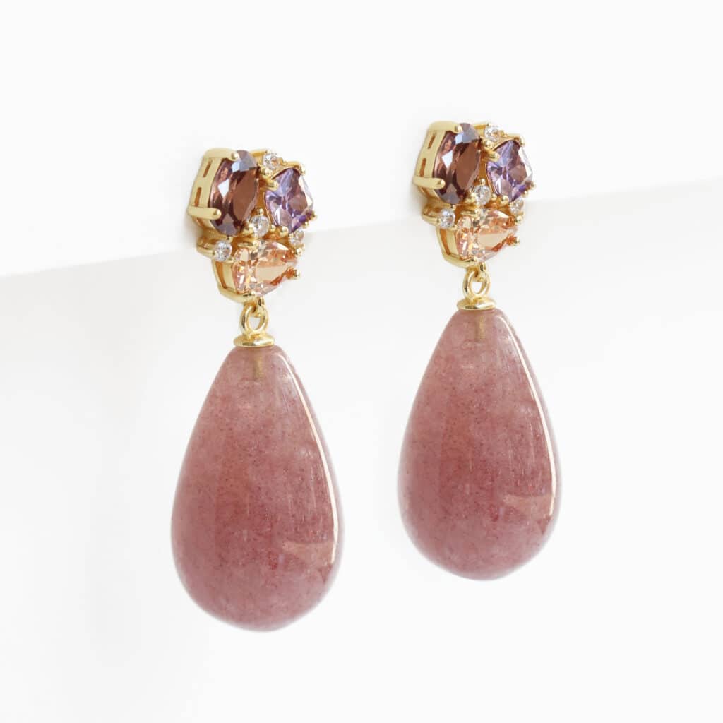Boucles d'oreilles pendantes en zircons brillants et en quartz rose pour femme en plaqué or 18 carats 3 microns