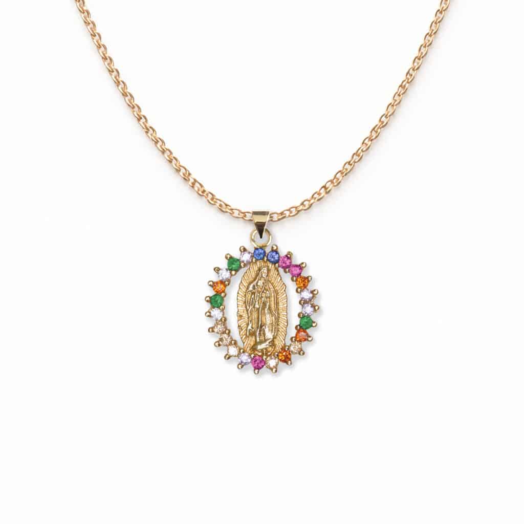 Collier pendentif petite vierge marie sertie de zircons colorés et brillants en plaqué or 18 carats 3 microns pour femme et enfant